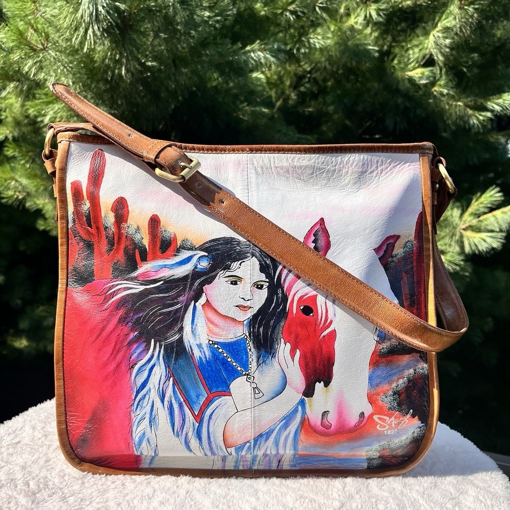 Sharif Artistic Shoulder Bag Hand Painted Leather Purse Southwest Woman Horse